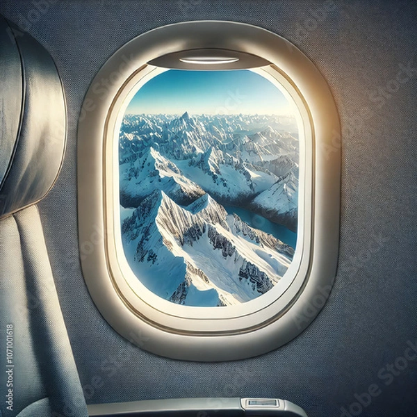 Fototapeta Business Class Airplane Window View of Snow-Capped Mountains and Clear Blue Skies