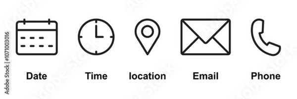 Fototapeta Phone, Email, Message, Envelope, Location, Pin, Map, Gps, Marker, Address, Time, Clock, Date, Calendar icon set. editable line icons. social media icons. vector