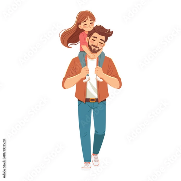 Fototapeta Happy father day. Smiling daughter sits on dad's shoulders and hugs him on white background. Poster, Banner, Flyer, Greeting Card. Vector illustration in flat cartoon style