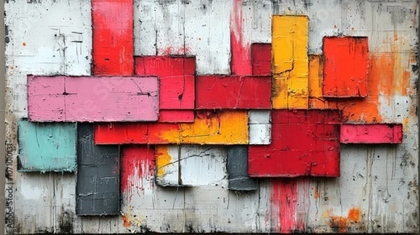 Fototapeta Abstract artwork featuring vibrant geometric shapes and contrasting colors on a textured surface.