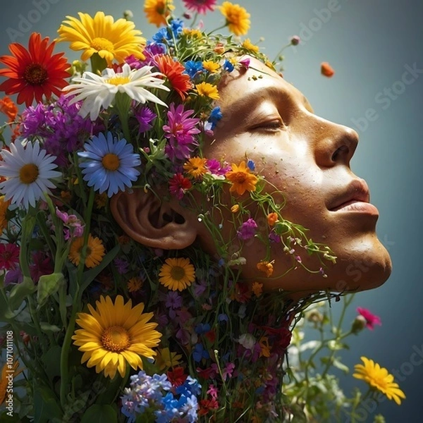 Fototapeta A surreal scene where a human brain transforms into blooming flowers, representing a creative thought process.Surreal Perspective Shift