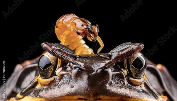 Fototapeta Scorpion attacking frog with black background