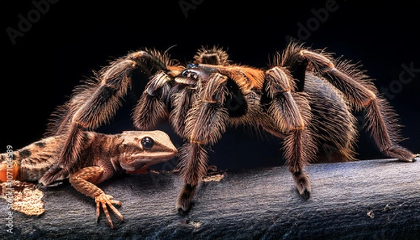 Fototapeta tarantula spider attacking a lizard with black background in macro