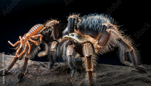 Fototapeta Scorpion attacking spider with black background