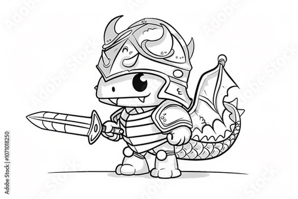 Fototapeta A fierce cartoon dragon character, ready for battle, wearing a detailed armored suit and holding a sword, embodying courage and adventure.