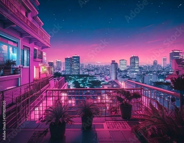 Obraz City skyline from balcony with neon lights and purple sky at dusk, vaporwave, citypop illustration, 80's