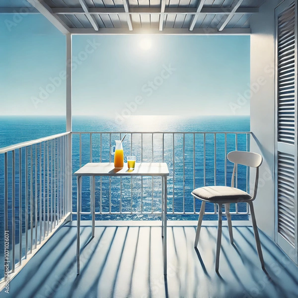 Fototapeta Mediterranean Balcony View with Orange Juice and Sea View