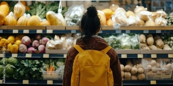 Obraz student is shopping for groceries, balancing healthy seasonal options