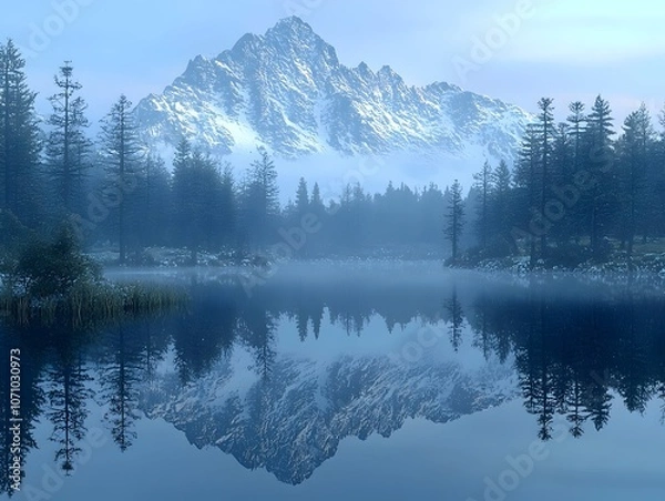 Fototapeta A tranquil winter scene featuring a majestic snow-capped mountain reflecting in a serene lake, surrounded by evergreen trees and soft morning mist.