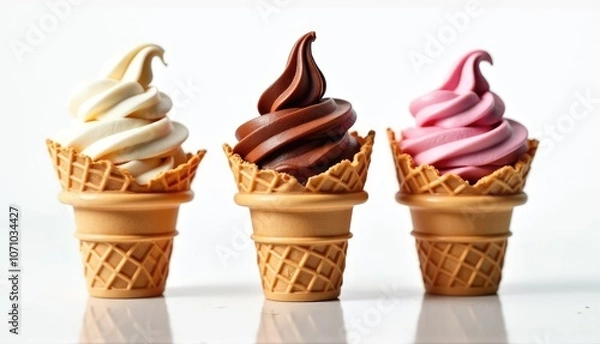 Obraz Delightful swirl ice cream cones in three tempting flavors artfully arranged on a clean, bright surface