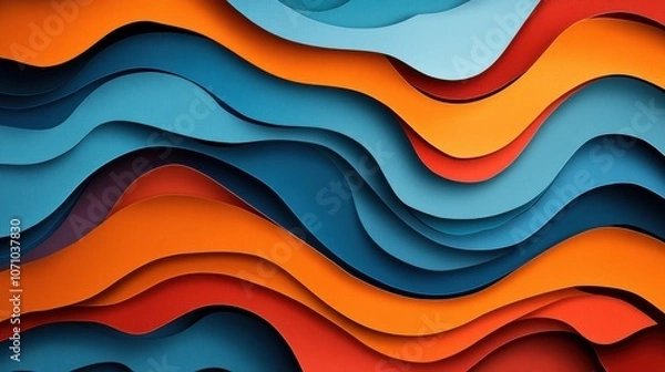 Fototapeta Colorful wavy paper pattern with shades of blue, orange, and teal creating a dynamic, vibrant visual.