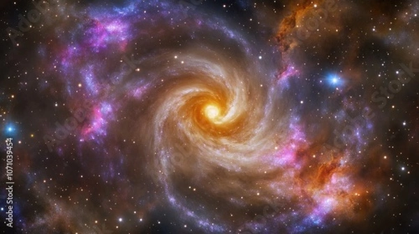 Fototapeta A stunning spiral galaxy illuminated by a vibrant central core, surrounded by colorful nebulae and distant stars.