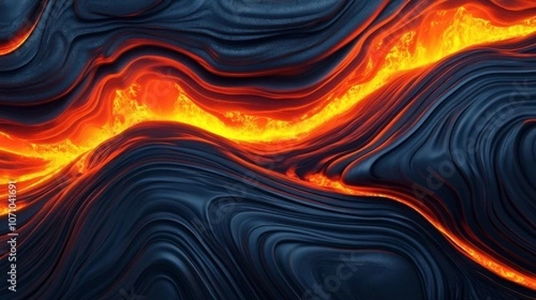 Fototapeta A vibrant flow of molten lava contrasted against dark, textured basalt, creating a dynamic and fiery visual.