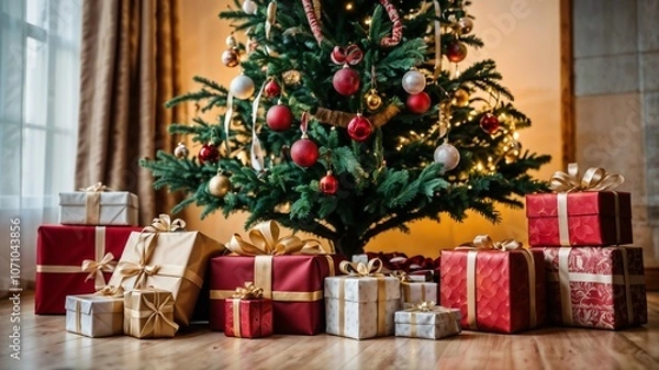 Fototapeta Árbol navideño gigante con regalos distribuidos en el suelo