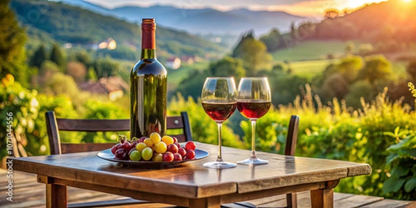 Fototapeta A scenic view features a beautifully set wooden table with two glasses of red wine and a plate of fresh grapes, surrounded by lush vineyard hills at sunset