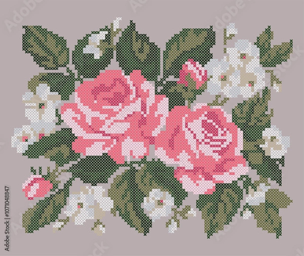 Fototapeta Cross Stitch Rose Flowers, Floral Embroidery Pattern