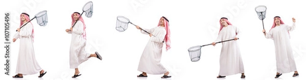 Fototapeta Arab man with catching net isolated on white