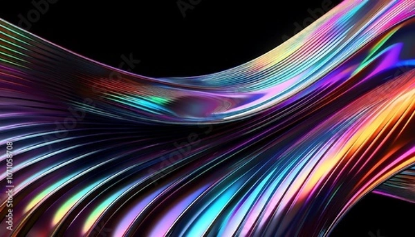 Fototapeta  3d render of abstract futuristic background with chrome metal curves, holographic gradient 