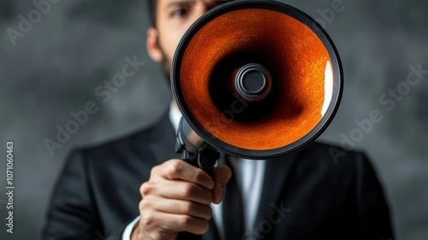 Obraz A focused speaker delivers important messages using a megaphone, emphasizing clarity and professionalism in a corporate setting.
