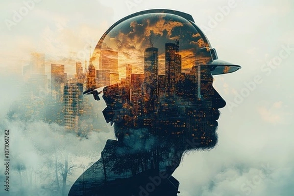 Fototapeta Silhouette of a construction worker with a city skyline reflected in his hard hat