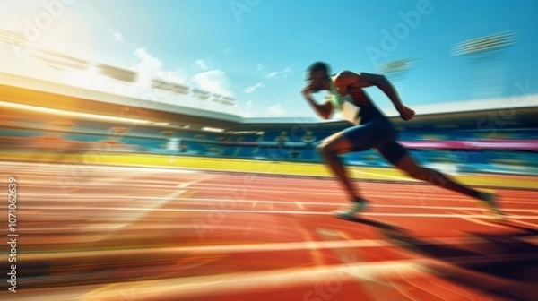 Fototapeta Athlete sprinting on a track at a stadium during a sunny afternoon, showcasing speed and determination in an exciting competition
