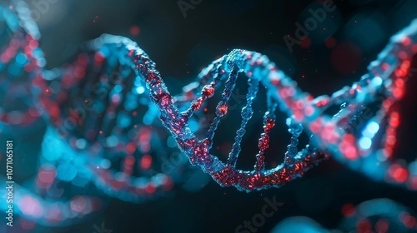 Fototapeta Close-up view of a colorful DNA double helix structure showcasing intricate details in a scientific setting