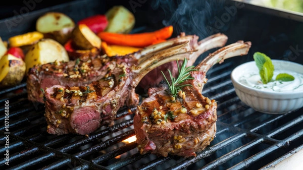 Fototapeta A plate of grilled meat and vegetables with a white bowl of sauce. Scene is inviting and delicious
