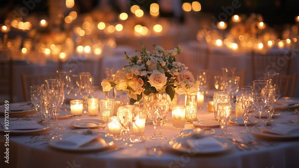 Fototapeta 白いクロスとキャンドルが飾る結婚式のテーブルセッティング