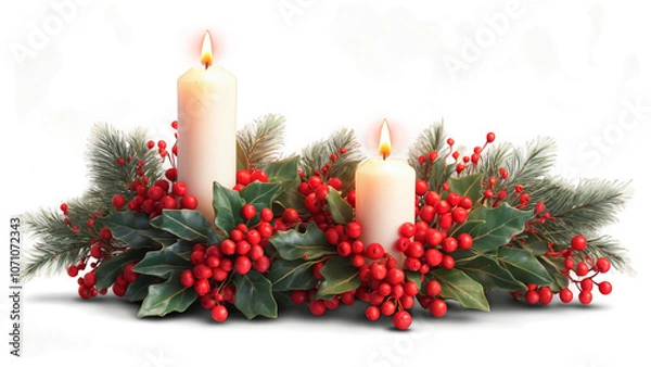 Obraz A pair of Christmas candle decorations with greenery and red berries at the base, radiating a warm, cozy holiday glow. PNG transparent background.