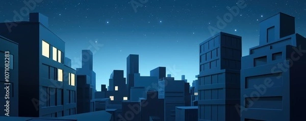 Fototapeta A serene night cityscape featuring silhouetted buildings under a starry sky