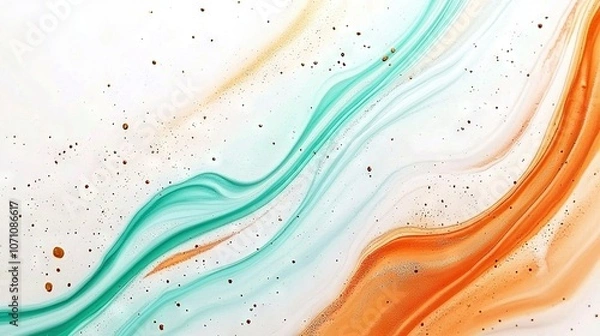 Fototapeta   An abstract painting featuring vibrant oranges, blues, and greens in swirling patterns on a white canvas with strategically placed black dots