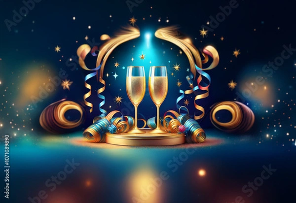 Fototapeta Two champagne flutes stand on a golden platform with festive confetti and streamers in a blue and gold celebratory setting.