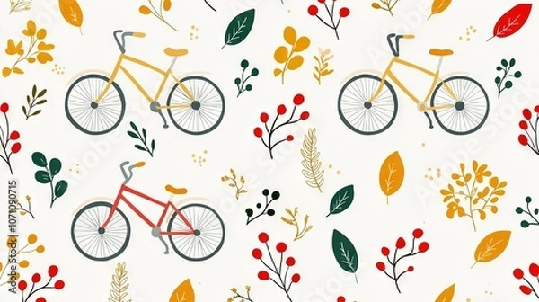Fototapeta   A photograph of a bicycle surrounded by autumnal foliage and fruit on a pure white backdrop, featuring shades of red, green, yellow, and orange