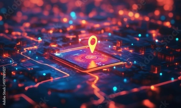 Obraz Concept of geofencing, featuring a digital map with virtual boundaries, a location pin, and a mobile device showcasing a geofencing app