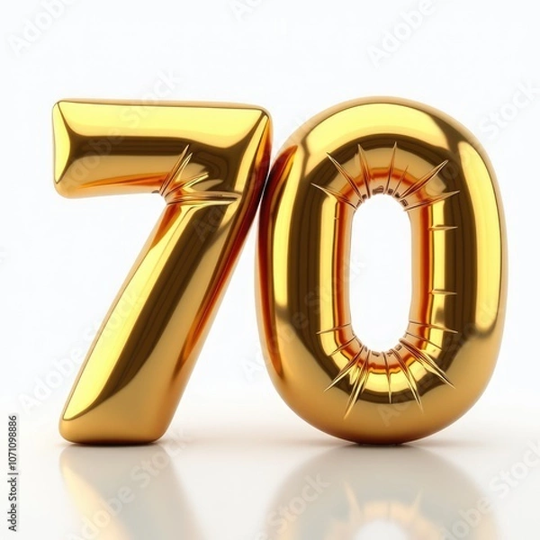 Obraz Golden numbers seventy, 70 years, from balloons will celebrate a significant date with a glossy coating in a bright, joyful atmosphere. Anniversary, birthday. On a white background