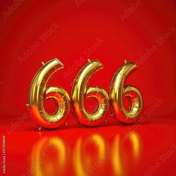 Obraz Golden inflatable 666 on a vibrant red background, perfect for Halloween or themed celebrations, capturing a playful yet edgy atmosphere