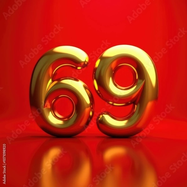 Obraz The golden number sixty-nine, 69, shines brightly against a bright red background, creating a vibrant and festive visual effect. Anniversary, Birthday