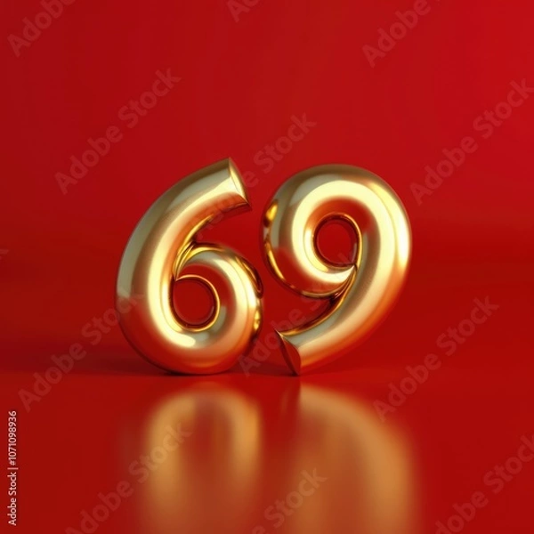 Obraz The golden number sixty-nine, 69, shines brightly against a bright red background, creating a vibrant and festive visual effect. Anniversary, Birthday