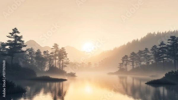 Fototapeta A soft-hued, minimalist landscape inspired by Korean ink-and-wash painting, featuring calm textures and wide composition
