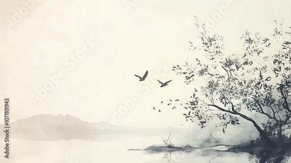 Fototapeta A soft-hued, minimalist landscape inspired by Korean ink-and-wash painting, featuring calm textures and wide composition