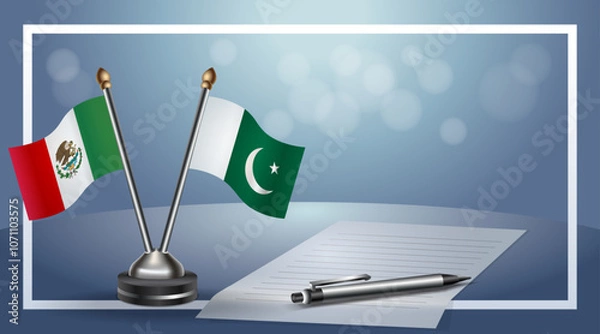 Fototapeta Mexico and Pakistan Small national flag on bokeh background, cooperative relationship