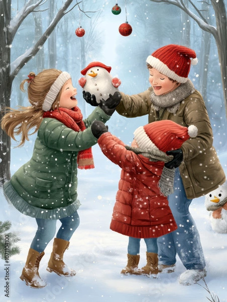 Obraz Joyful children celebrating winter with snowman in snowy forest. They wear colorful winter clothing, enjoying festive atmosphere and creating happy memories together