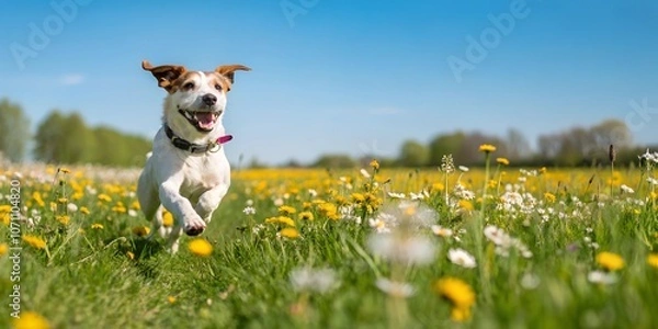 Fototapeta Cute happy dog running in flower field of dandelions and daisies with a sky background.