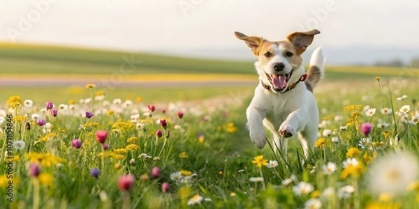 Fototapeta Cute happy dog running in flower field of dandelions and daisies with a sky background.