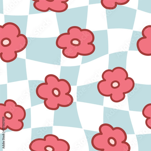 Fototapeta Seamless pattern cartoon of cute red flowers in a hand drawn style and blue groovy checkered, Sweet pastel colors. Pattern design for fabric, wrapping paper, wallpaper and fashion prints.