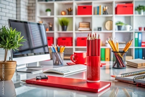 Fototapeta Panoramic View of a Vibrant Red Pencil Symbolizing Correction and Improvement in Education, Surrounded by a Workstation with Stationery and Learning Materials