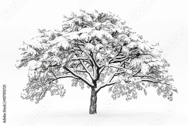 Obraz Coloring book illustration of a snow covered winter tree on a white background