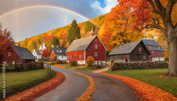 Fototapeta Charming Autumn Village Scene with Rainbow Over Colorful Fields and Cozy Cottages