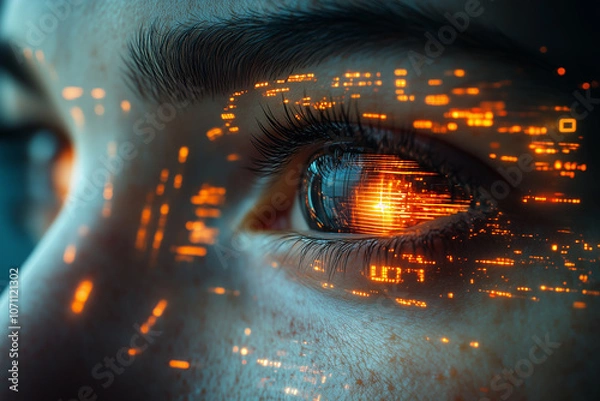 Fototapeta A woman's face is covered in glowing, colorful sparks