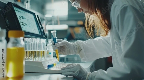 Obraz Testing Solutions with pH Meter in Laboratory Setting